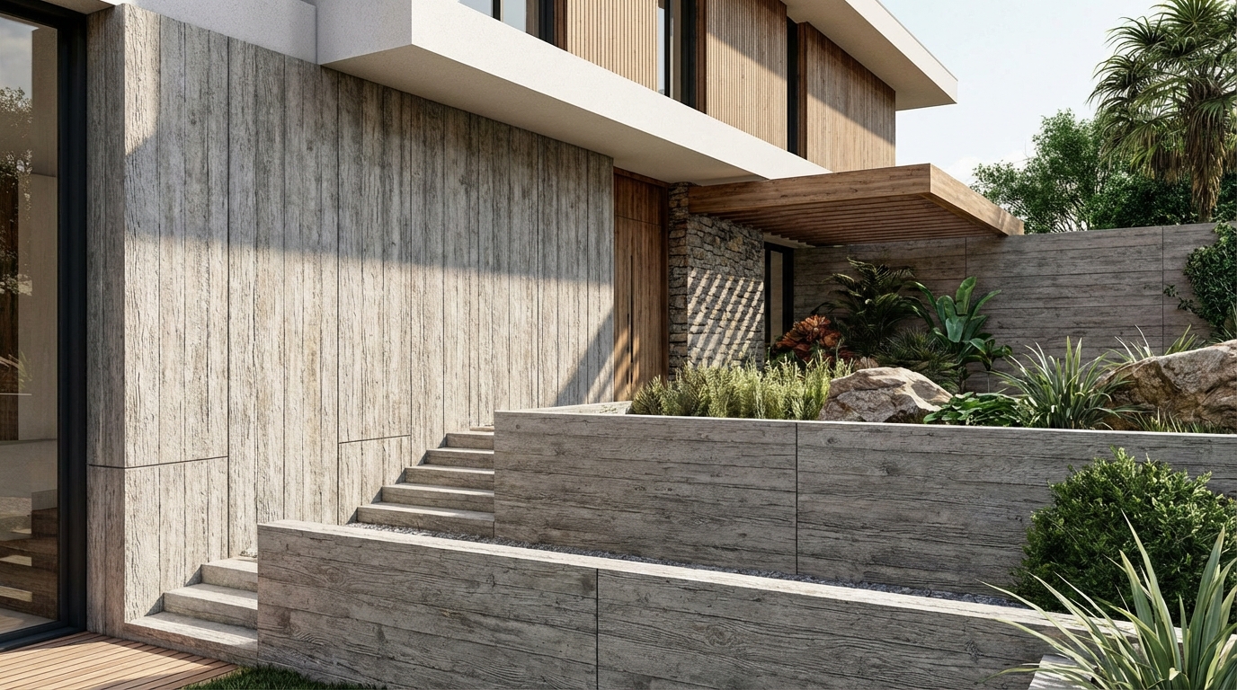 Ahşap desenli fibercement ile kaplanmış modern villa dış cephesi